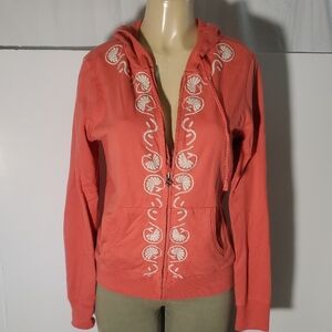 LUCKY BRAND SiZe M Zip Hoodie Embroidered Flowers Y2K Coral 100% Cotton